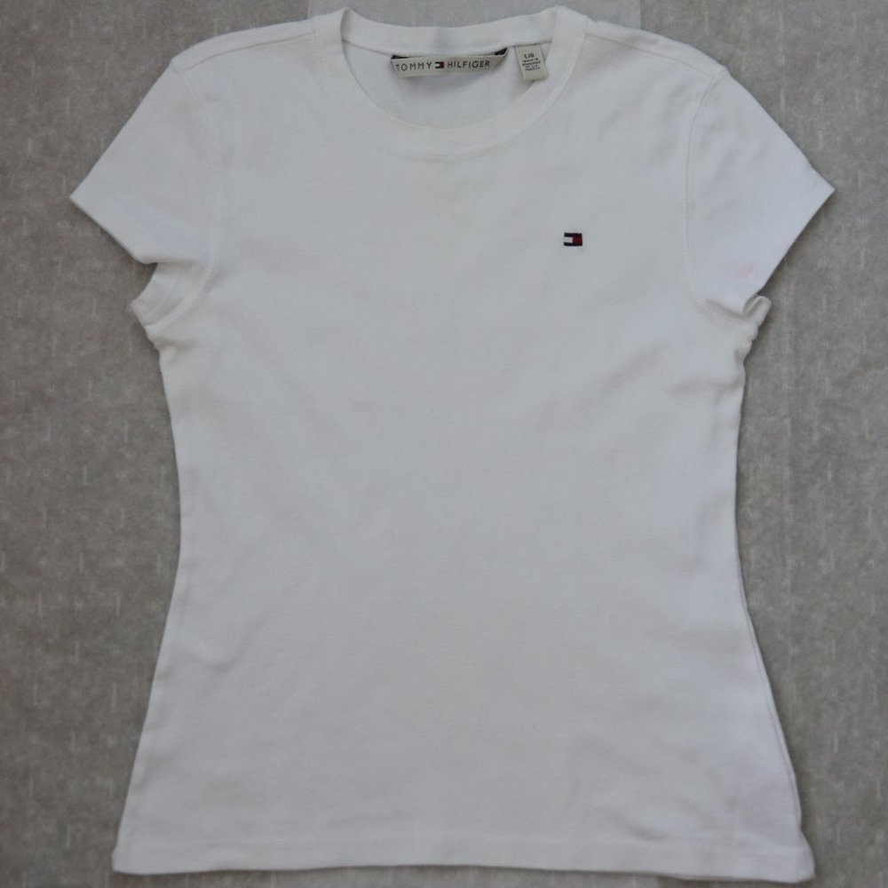 Tommy Hilfiger Women`s T-Shirt L Short Sleeve White 100% Cotton Vintage